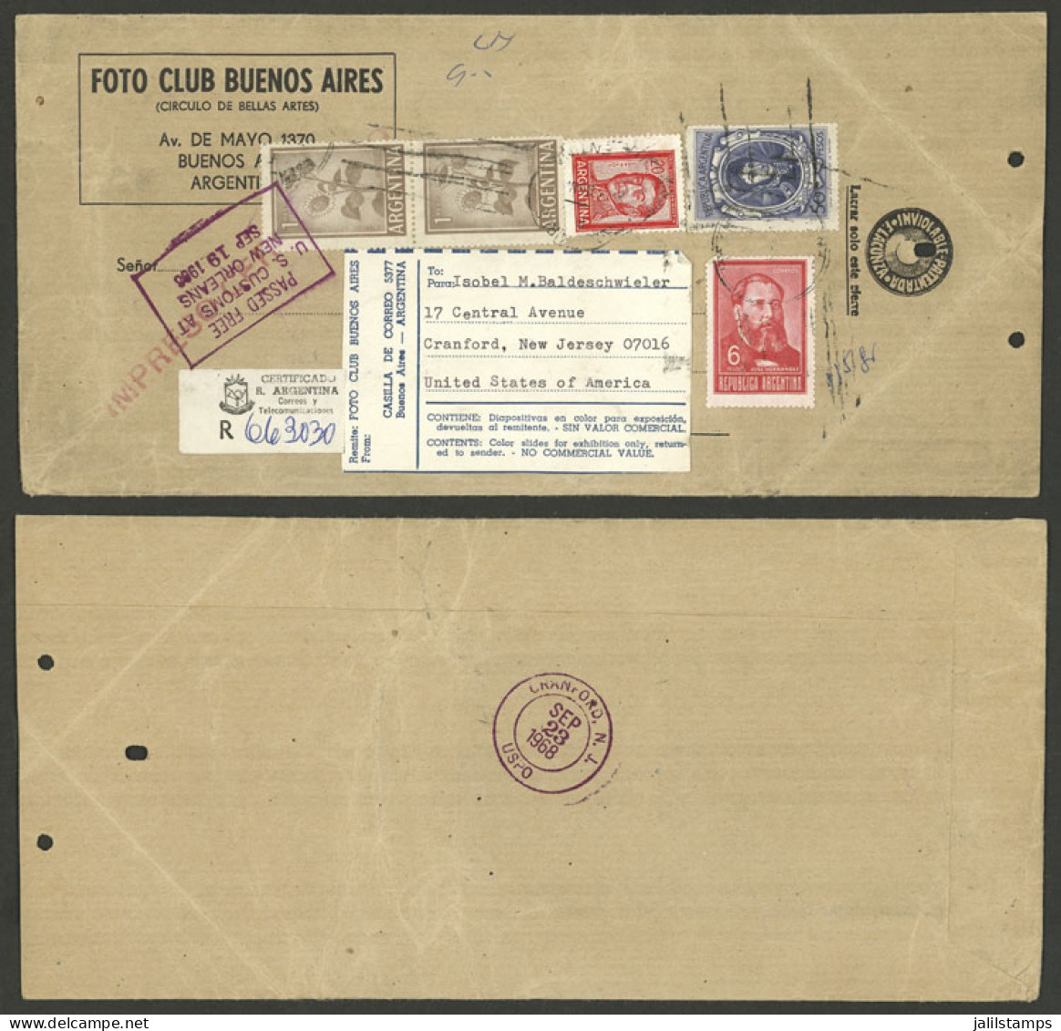 ARGENTINA: Cover With SAMPLE WITHOUT VALUE Sent By Registered Mail From B.Aires To USA In 1968, With Attractive Rate Of  - Lettres & Documents