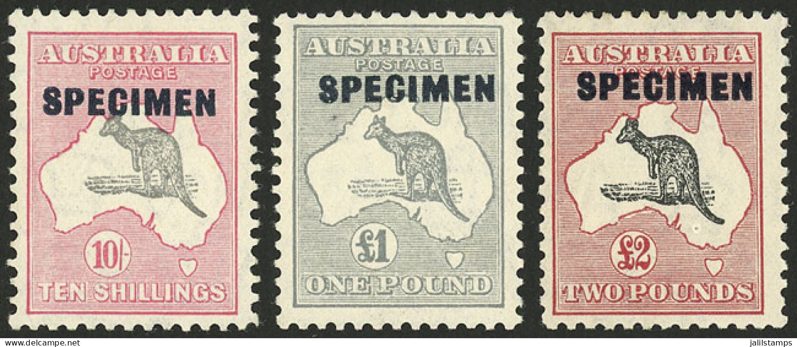 AUSTRALIA: Sc.127/9, 1931/6 10s., 1£ And 2£ With SPECIMEN Overprint, Mint Very Lightly Hinged (appear To Be MNH), Very F - Otros & Sin Clasificación