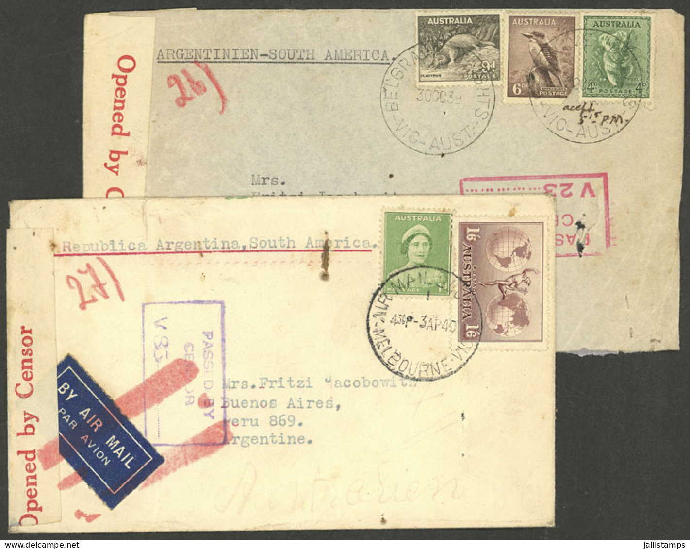 AUSTRALIA: Couple Of Airmail Covers Sent To Argentina On 30/OC/1939 And 3/ABR/1940, Both With Attractive Censor Labels,  - Autres & Non Classés