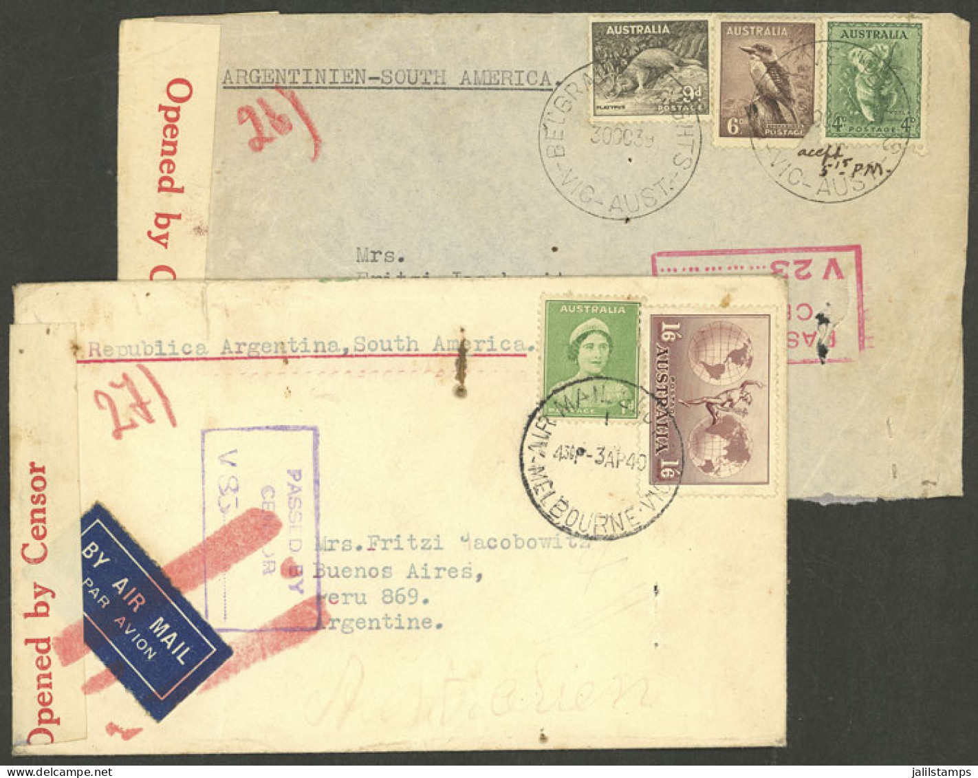 AUSTRALIA: Couple Of Airmail Covers Sent To Argentina On 30/OC/1939 And 3/ABR/1940, Both With Attractive Censor Labels,  - Other & Unclassified