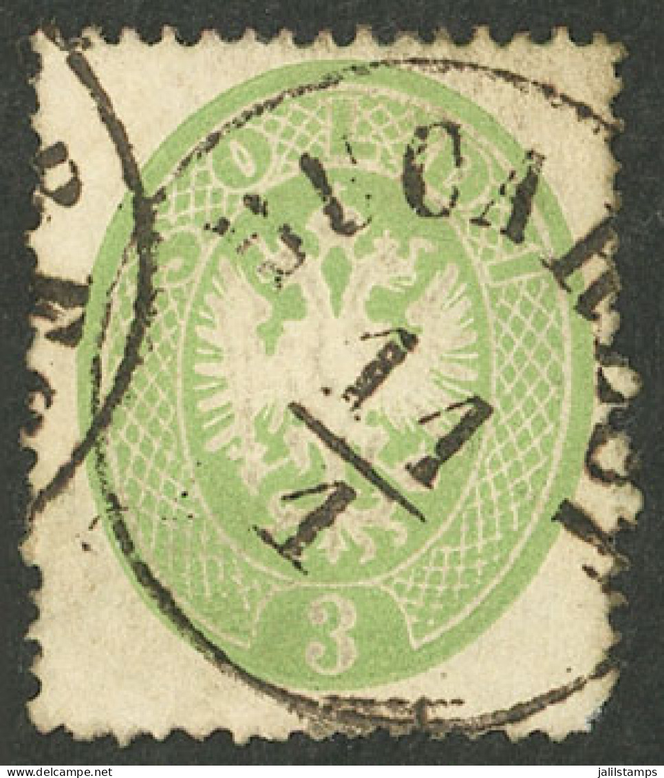 AUSTRIA: Sc.18, 1863 3kr. Green, With Cancel Of BUCAREST (Romania), Very Fine Quality! - Other & Unclassified
