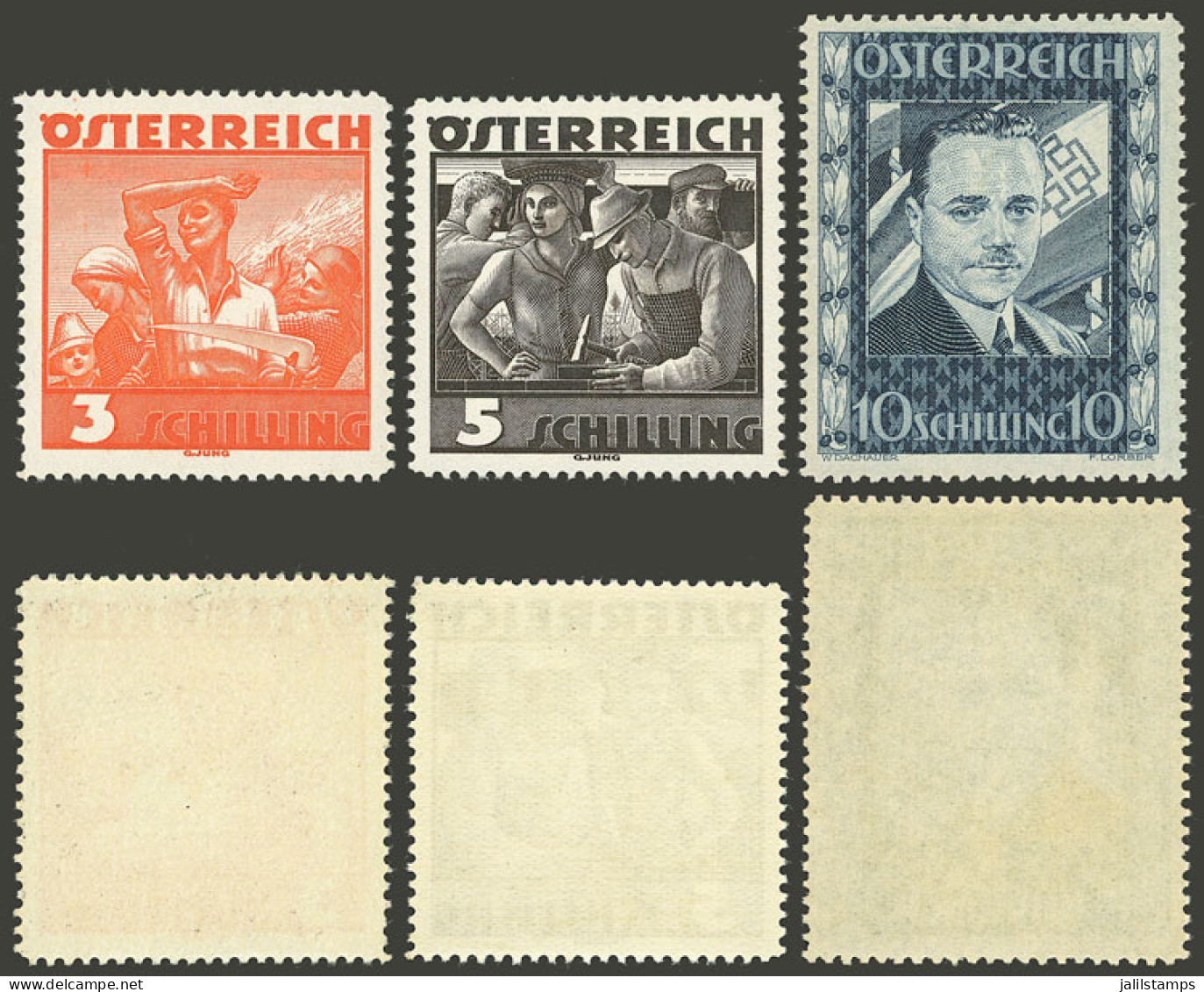 AUSTRIA: Sc.378/380, 1936 Workers And Dollfuss, Set Of 3 MNH Values, Very Fine Quality! - Other & Unclassified