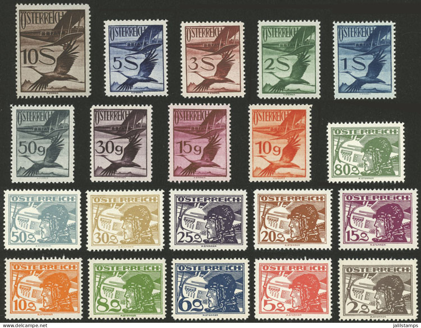 AUSTRIA: Sc.C12/C31, 1925/30 Aviator, Biplane And Birds, Complete Set Of 20 MNH Values, Excellent Quality! - Other & Unclassified