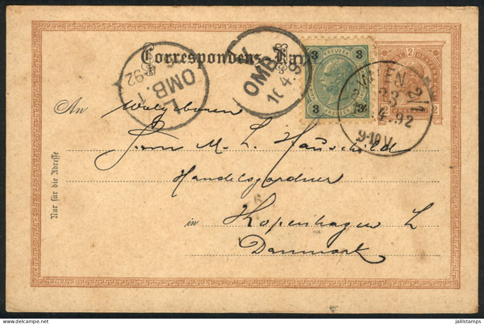 AUSTRIA: 2h. Postal Card Uprated With 3h., Sent From Wien To Denmark On 12/AP/1892, Very Nice! - Altri & Non Classificati