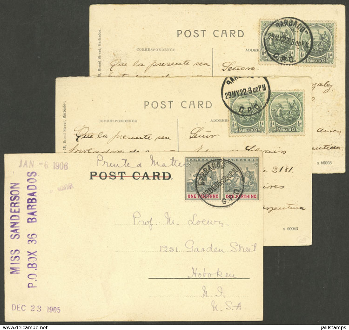 BARBADOS: 3 Postcards Sent To USA (one, In 1905) And Argentina (2, In 1922), Very Fine Quality! IMPORTANT: Please View A - Barbades (...-1966)