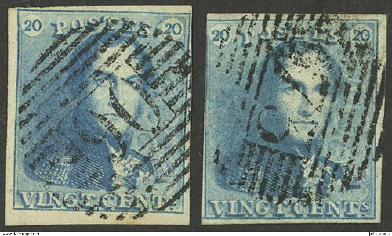 BELGIUM: Sc.2, 1849 20c. Blue (4 Wide Margins) +  2b (greenish Blue, Of 3 Margins), Nice Lot! - Other & Unclassified