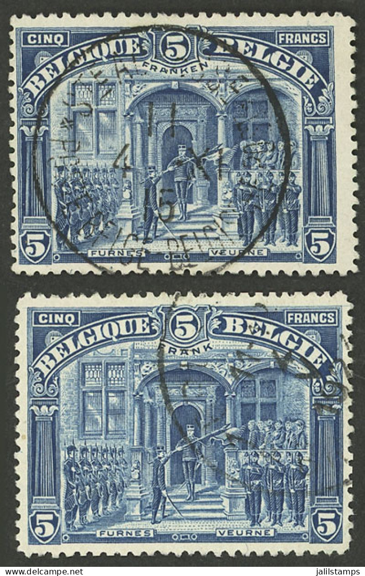 BELGIUM: Sc.121, 1915/20 5Fr. Blue (with FRANKEN Inscription) + Sc.138 (FRANK), Used, Excellent Quality! - Other & Unclassified