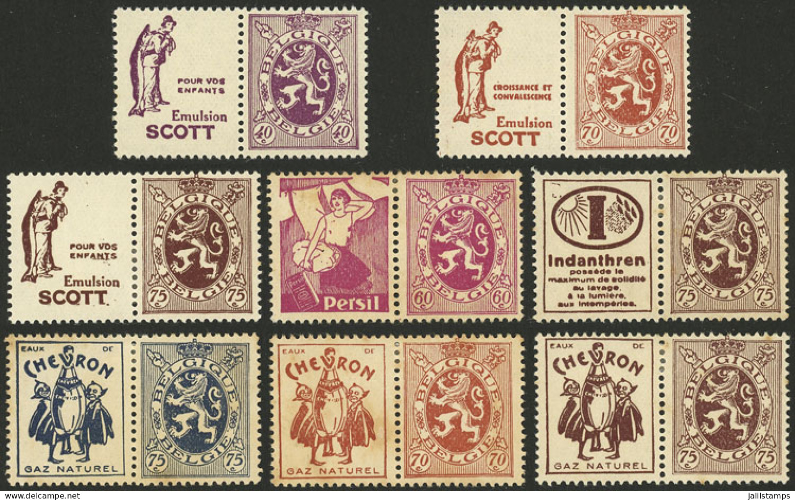 BELGIUM: Lot Of 8 Stamps Issued Circa 1929, All With ADVERTISING TABS, Very Nice, Good Opportunity! - Other & Unclassified
