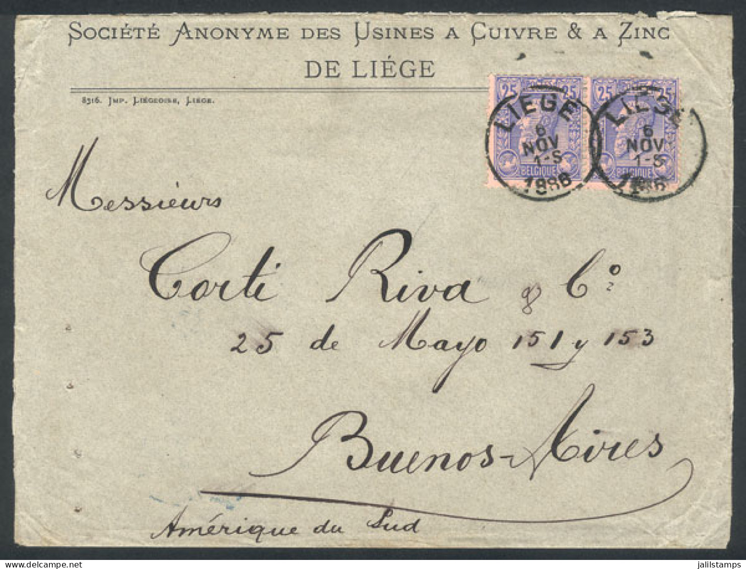 BELGIUM: 6/NO/1886 LIEGE - Argentina: Cover Franked By Sc.53 Pair, Liege Datestamp, And On Reverse Paris Transit And Bue - Altri & Non Classificati