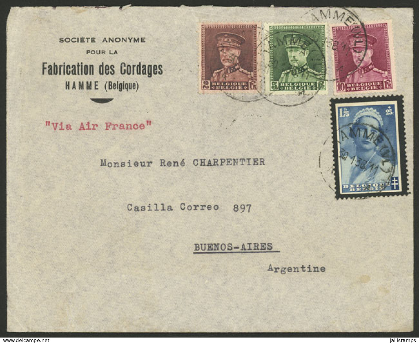 BELGIUM: 30/JA/1936 Hamme - Argentina, Airmail Cover With Good Postage Of 18.75Fr., Arrival Backstamp Of Buenos Aires, V - Autres & Non Classés