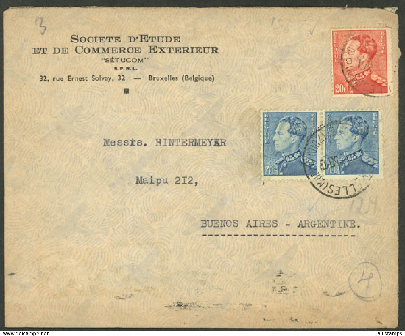 BELGIUM: Airmail Cover Sent From Bruxelles To Argentina In FE/1950 Franked With 28Fr., Arrival Backstamp! - Autres & Non Classés