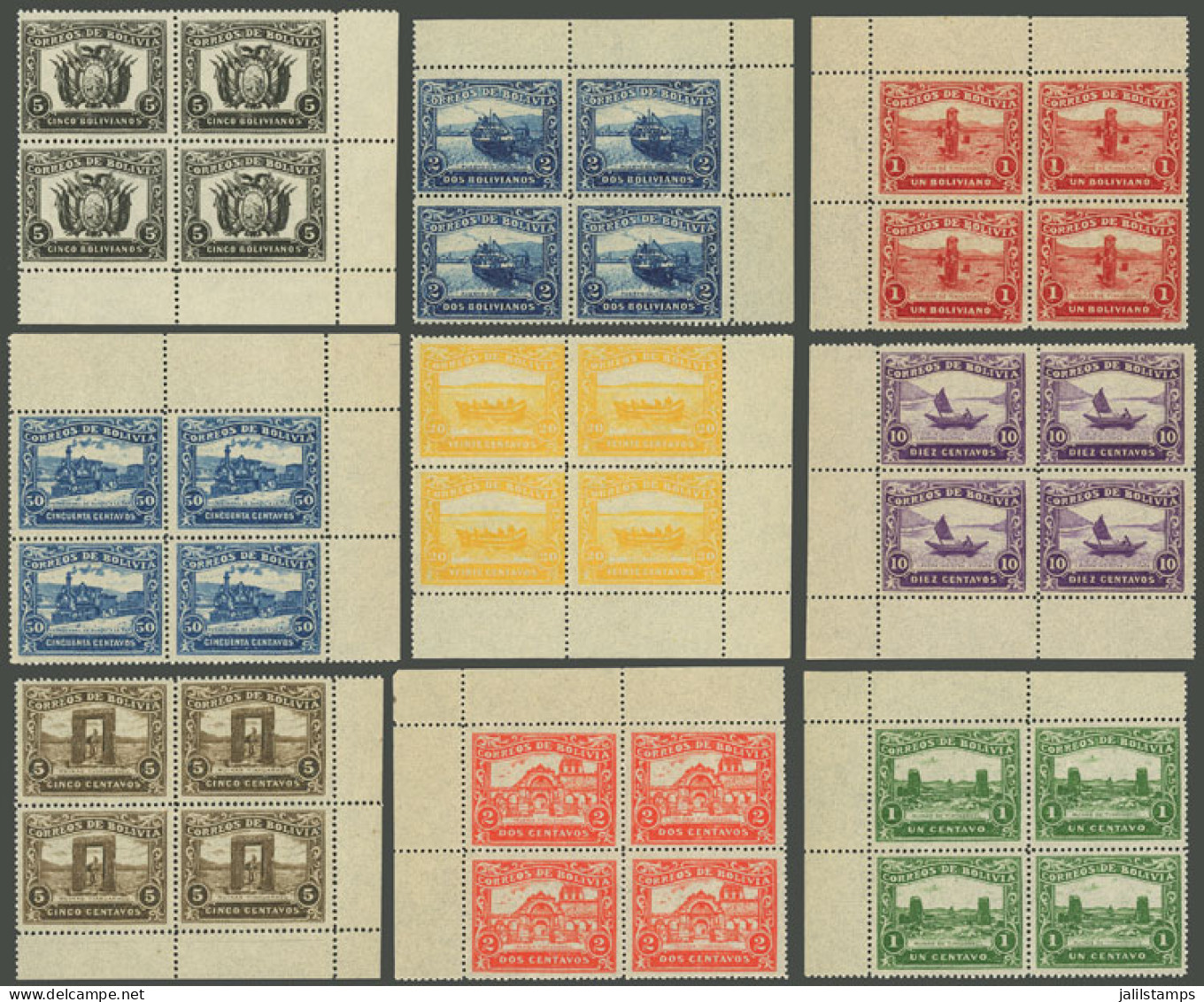 BOLIVIA: Year 1915, Guaqui - La Paz Railway, Complete Set Of 9 UNISSUED Values, MNH Blocks Of 4, Sheet Corner, Superb! - Bolivie