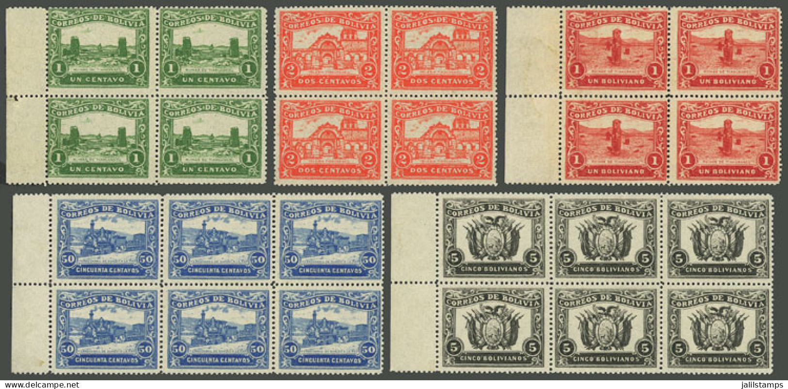 BOLIVIA: Year 1915, Guaqui - La Paz Railway, 50c. And 5B. In Blocks Of 6 + Blocks Of 4 Of Other 3 Values, All MNH And Of - Bolivia