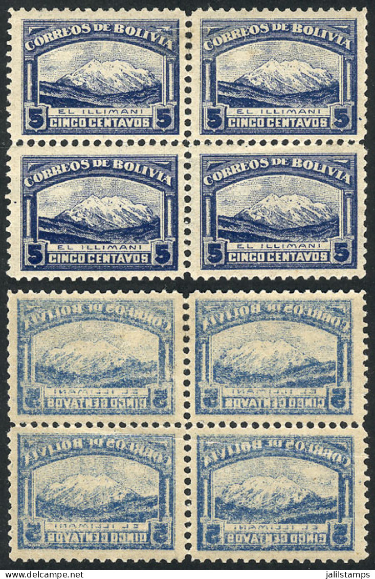 BOLIVIA: Sc.114, 1916 5c. Illimani, Block Of 4 With Variety: OFFSET IMPRESSION ON BACK, Very Nice! - Bolivien