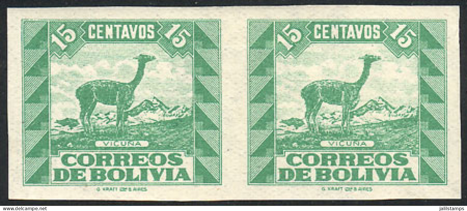 BOLIVIA: Sc.255, 1939 15c. Llama, IMPERFORATE PAIR, Mint Lightly Hinged, Very Fine Quality! - Bolivia