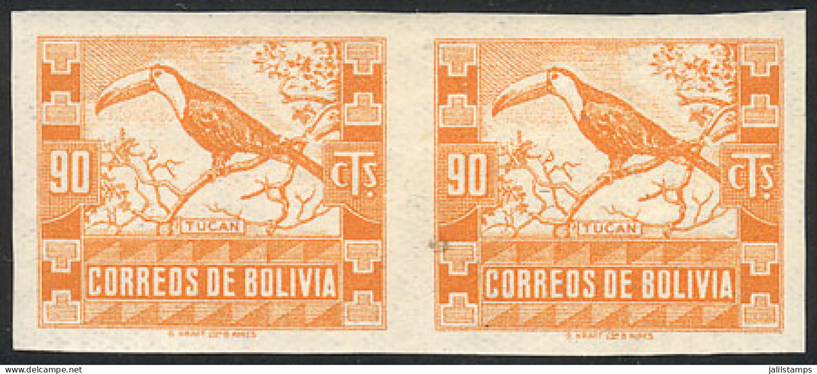 BOLIVIA: Sc.263, 1939 90c Toucan, IMPERFORATE PAIR, Mint Lightly Hinged, Very Fine Quality! - Bolivia