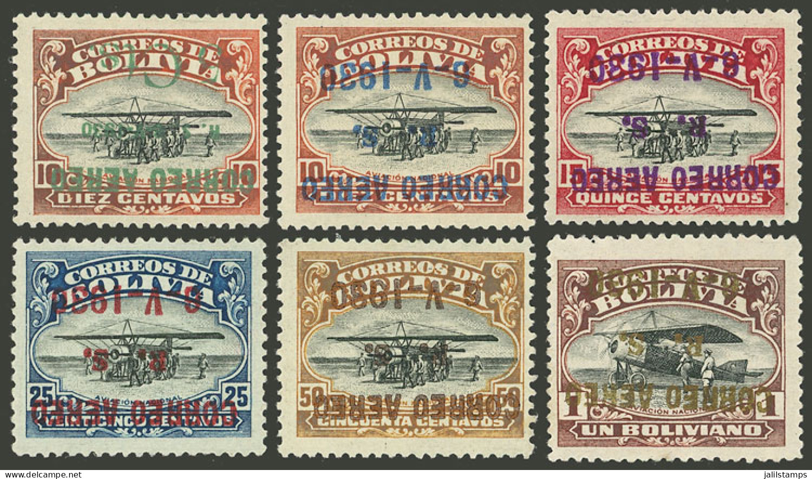 BOLIVIA: Sc.C11a + C12a + C14a + C15a + C16a + C18a, 1930 Zeppelin With INVERTED Overprints, Complete Set Of 6 Values, V - Bolivien