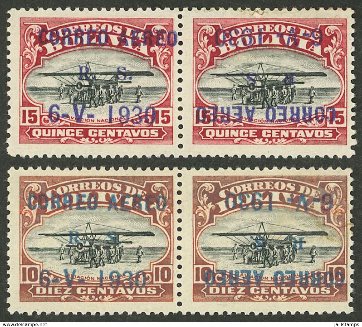 BOLIVIA: Sc.C12a + C14a, Pairs, One Stamp With Normal Overprint Forming A Tete-beche With One With INVERTED Ovpt., Mint  - Bolivie