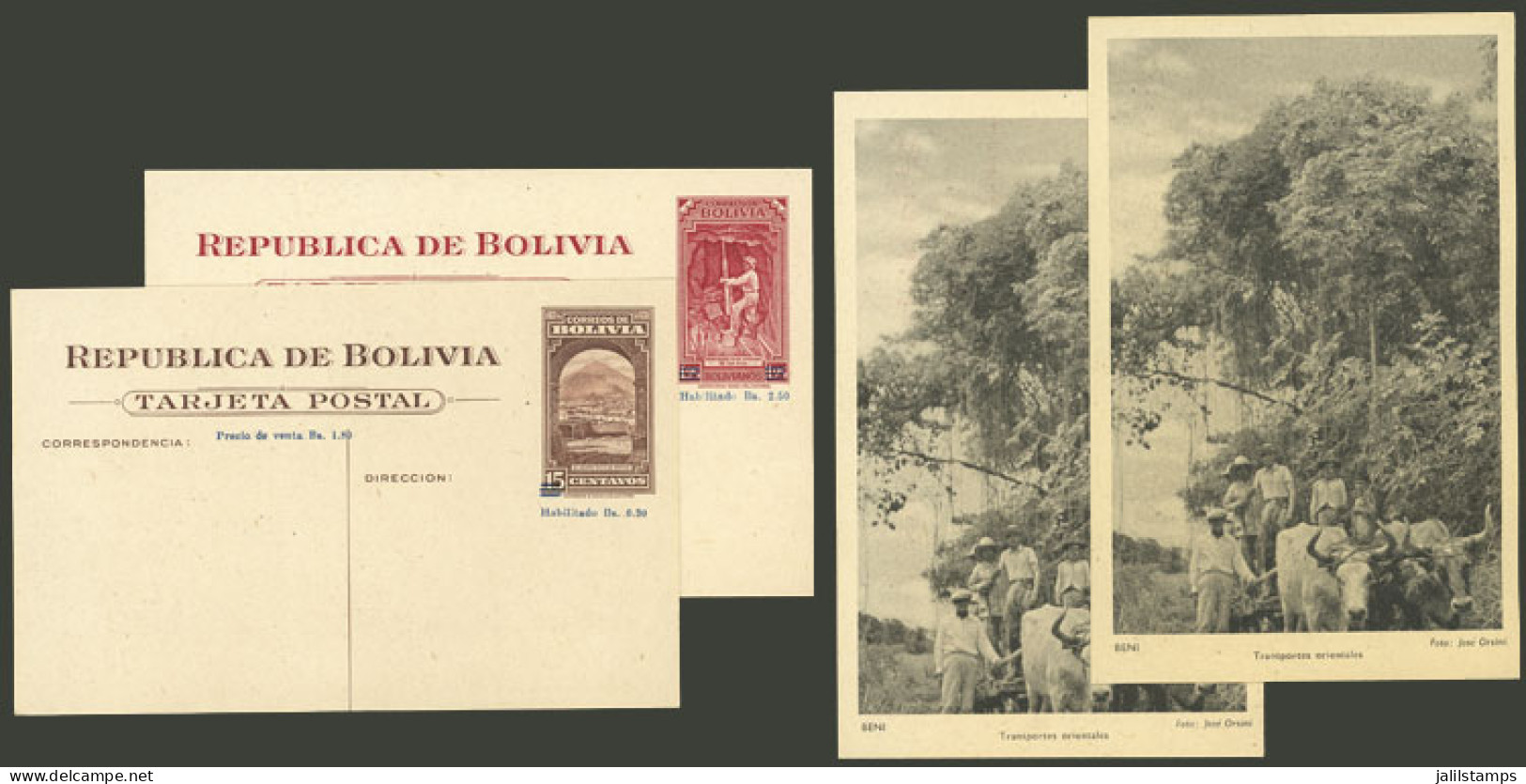 BOLIVIA: 2 Surcharged Postal Cards Of 1.80 And 4Bs., Illustrated On Back With The Same View (group Of Country Men, Oxen, - Bolivie