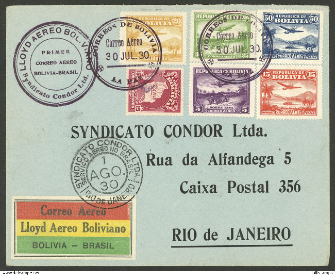 BOLIVIA: 30/JUL/1930 La Paz - Rio De Janeiro, First Airmail By Lloyd Aéreo Boliviano And Syndicato Condor, VF Quality! - Bolivia