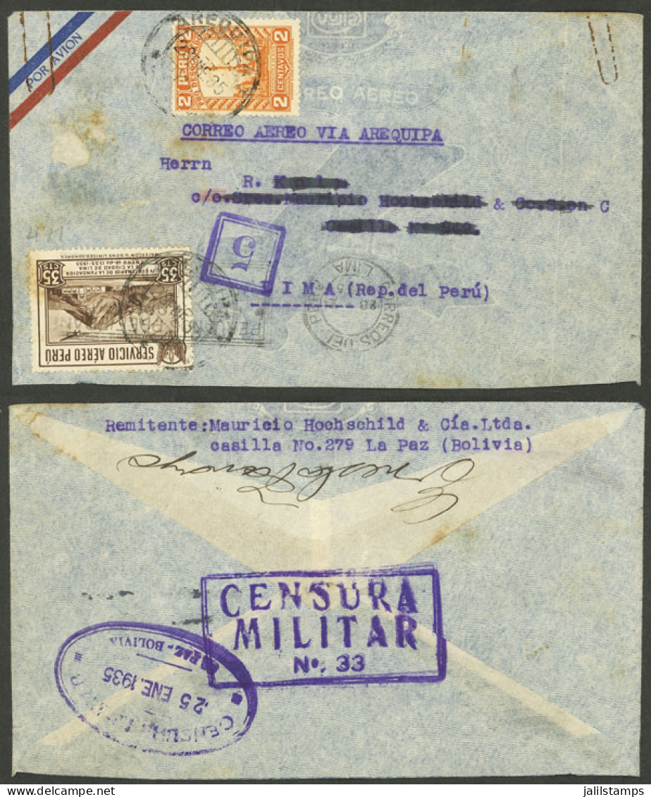 BOLIVIA: Airmail Cover Sent From LA PAZ To Lima (Peru) On 25/JA/1935, Endorsed "CORREO AÉREO VÍA AREQUIPA". It Has 2 Sta - Bolivie