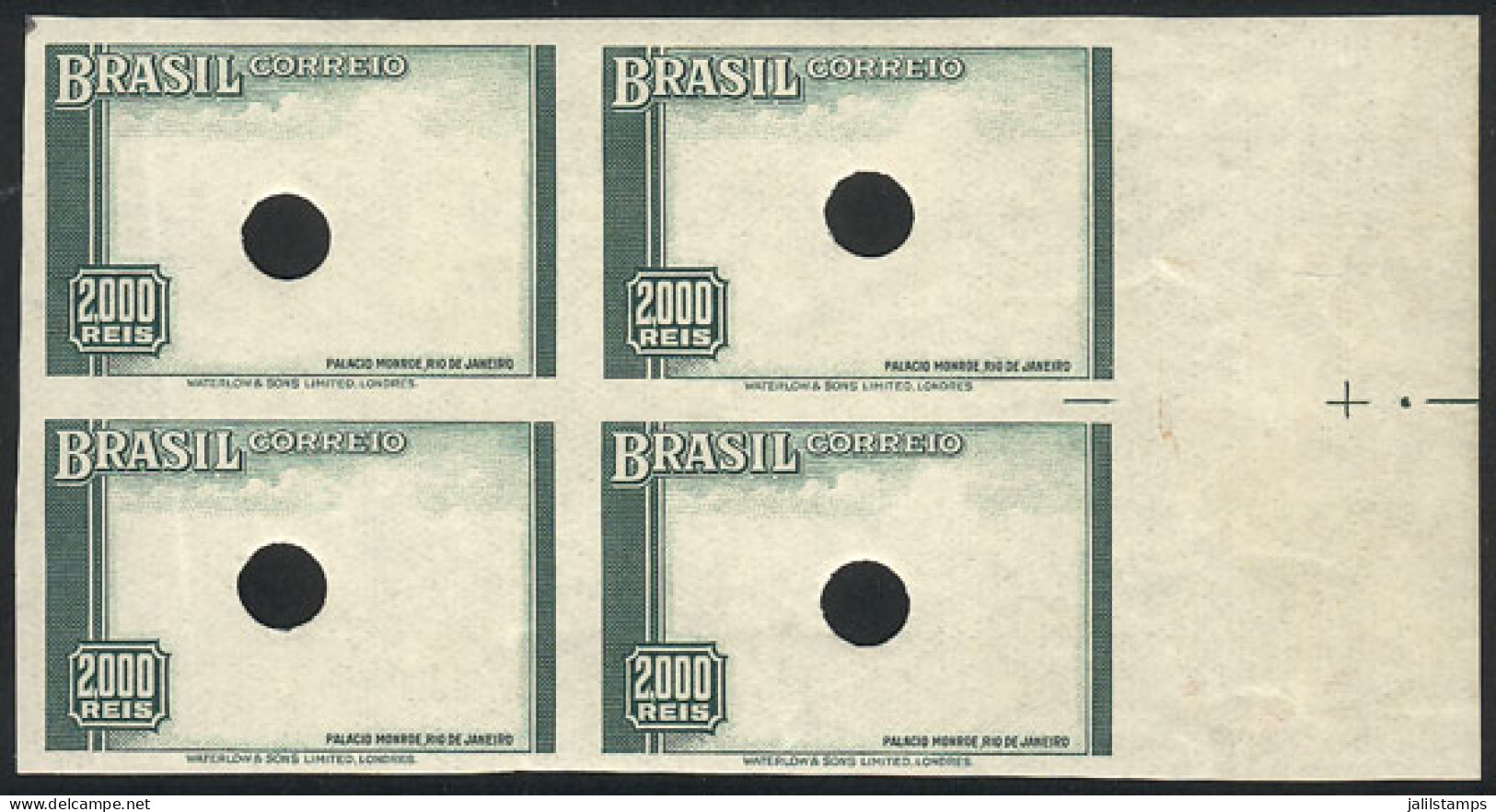 BRAZIL: Sc.448, 1937 2000Rs. Botanical Garden In Rio, PROOF Of The Frame, MNH Block Of 4 With Punch Hole In The Center,  - Other & Unclassified