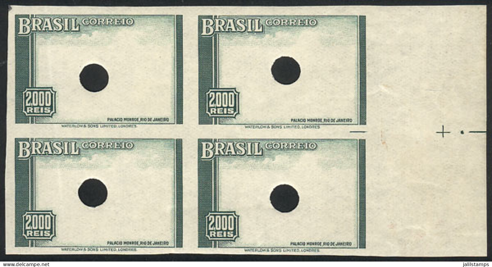 BRAZIL: Sc.448, 1937 2000Rs. Botanical Garden In Rio, PROOF Of The Frame, MNH Block Of 4 With Punch Hole In The Center,  - Autres & Non Classés