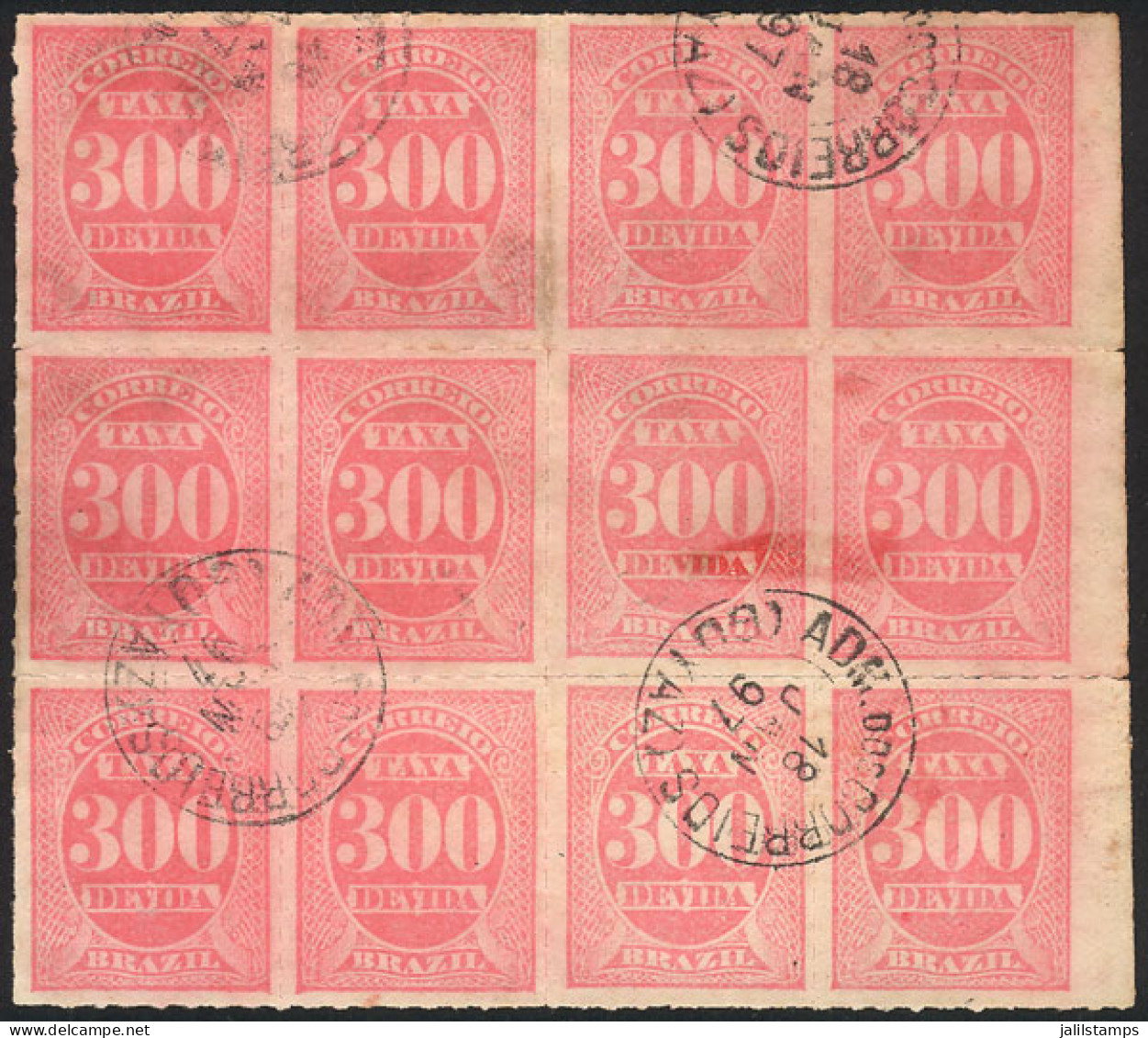 BRAZIL: Sc.J6, 1889 300rs. Rose, Large Used Block Of 12 (with Right Sheet Margin Un-rouletted), Cancelled GOYAZ 18/JA/18 - Otros & Sin Clasificación