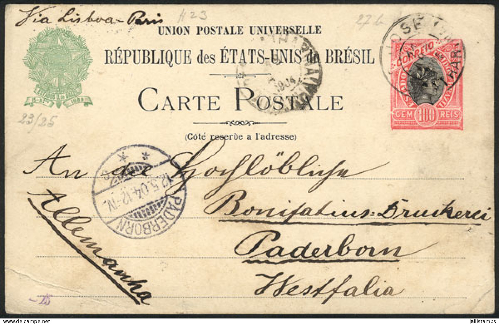 BRAZIL: RHM.BP-57B, Postal Card (with Variety WITHOUT ACCENT Over "reserve") Sent From S.Jose To Germany On 11/AP/1904,  - Sonstige & Ohne Zuordnung