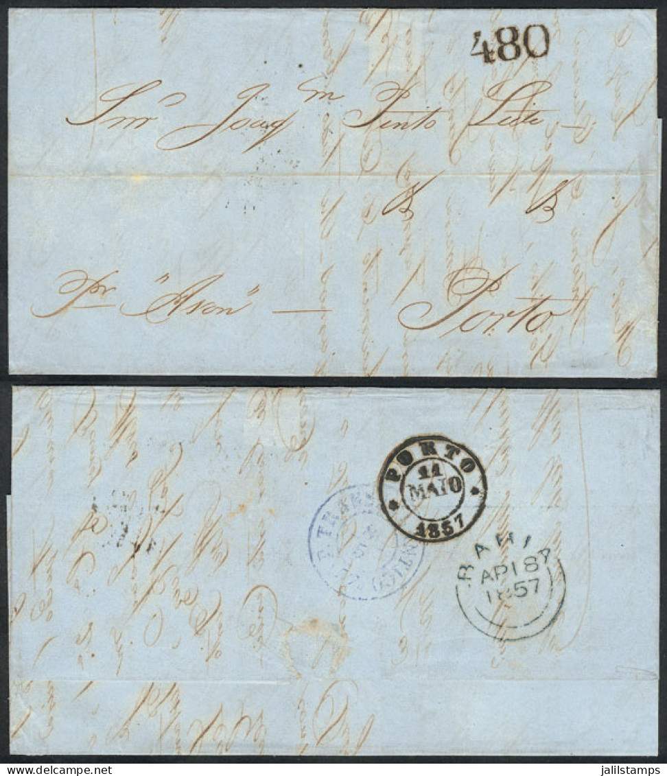 BRAZIL: Entire Letter Sent From Bahia To Porto On 18/AP/1857 Via British Mail, On Front With Dues "480" Reis, And Backst - Altri & Non Classificati