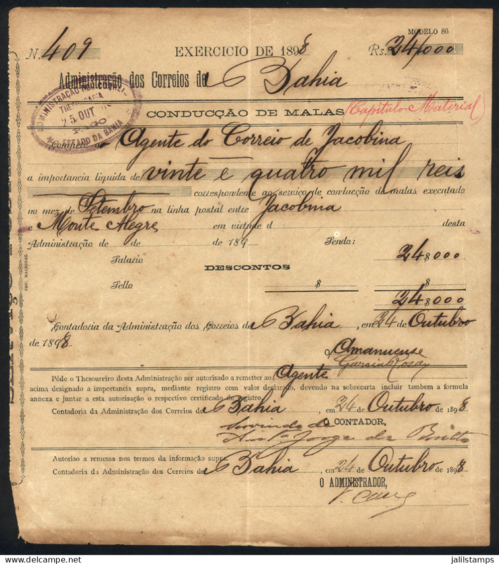 BRAZIL: Receipt Of "Conduçao De Malas" Of 1898 Awarded By The Administration Of Posts Of The State Of Bahia To The Agent - Otros & Sin Clasificación