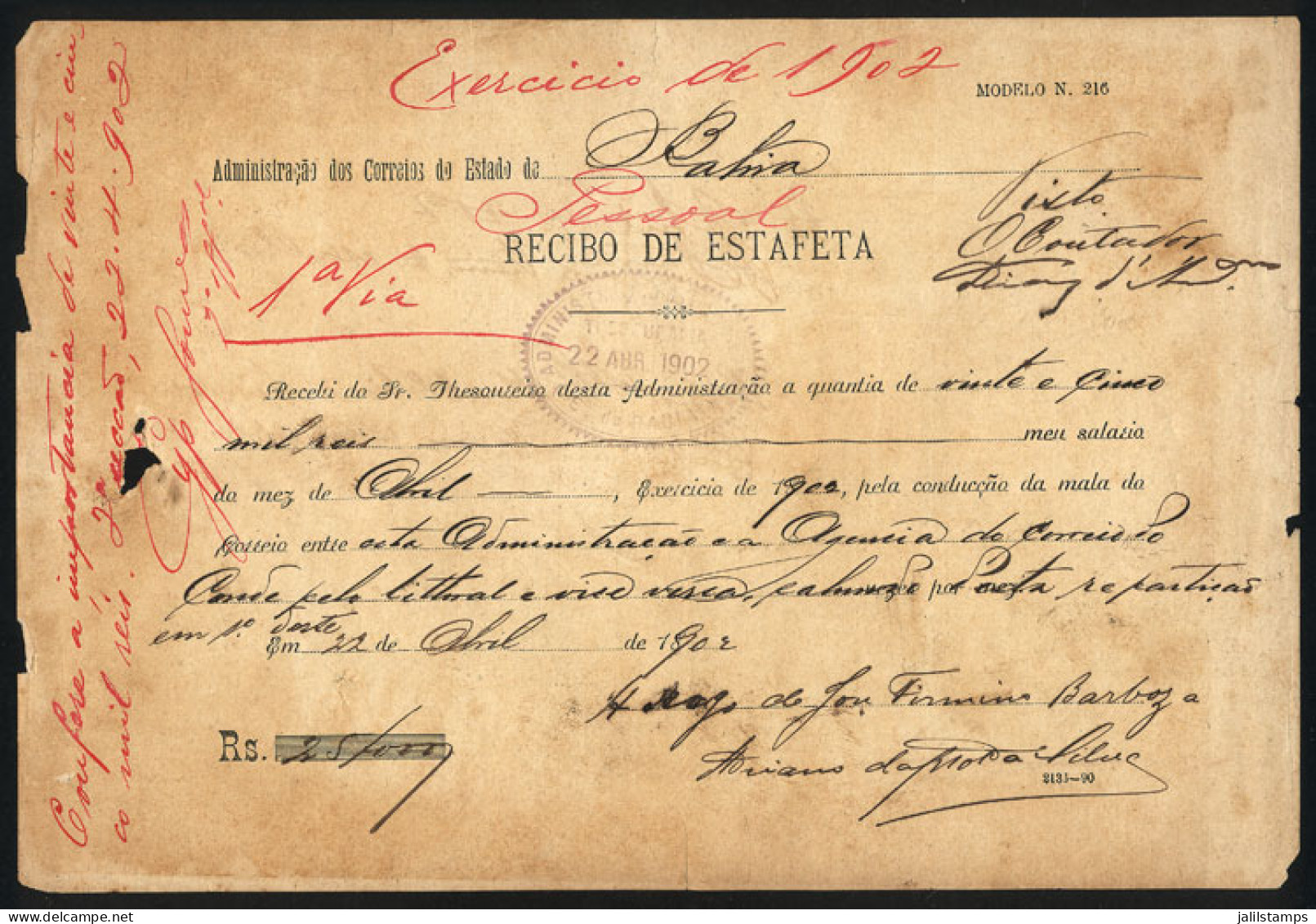 BRAZIL: Estafeta" Post Receipt Of The State Of Bahia, 22/AP/1902, Interesting!" - Autres & Non Classés