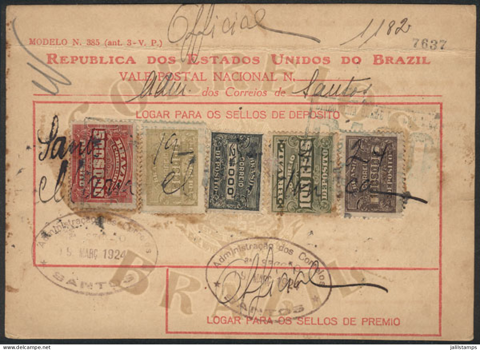 BRAZIL: Vale Postal Nacional (money Order) Of 652,100 Rs., Used On 19/MAR/1924, With Interesting Postage Combining The F - Otros & Sin Clasificación