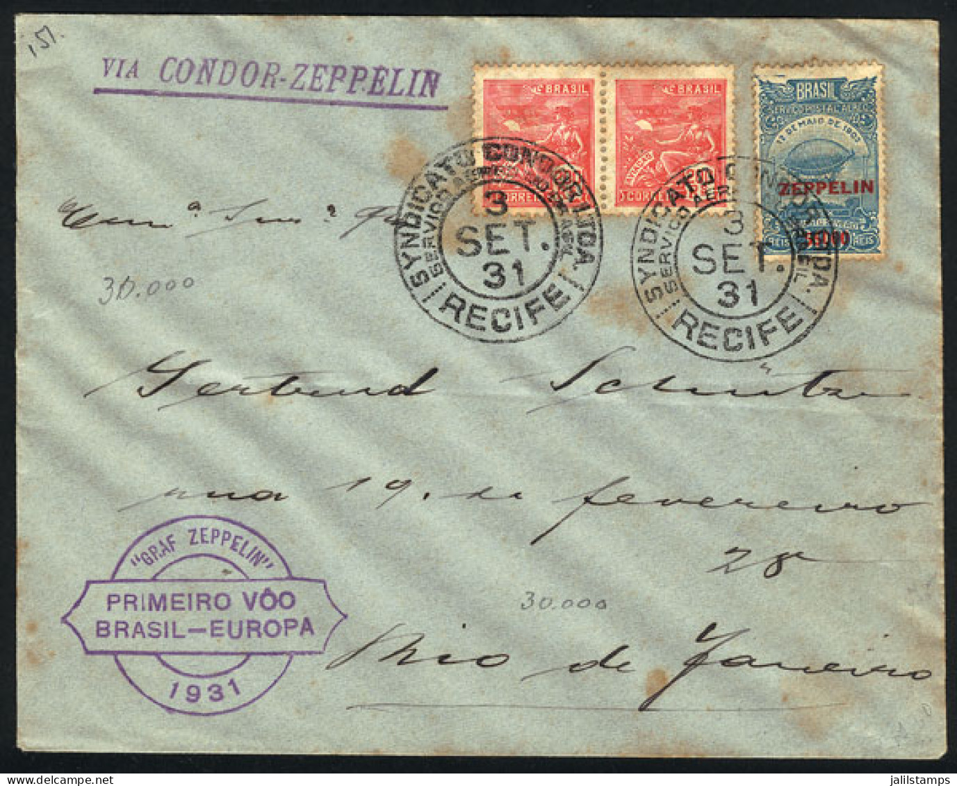 BRAZIL: 3/SE/1931 Recife - Rio De Janeiro, Cover Sent Via ZEPPELIN, Light Spots, Very Nice! - Sonstige & Ohne Zuordnung