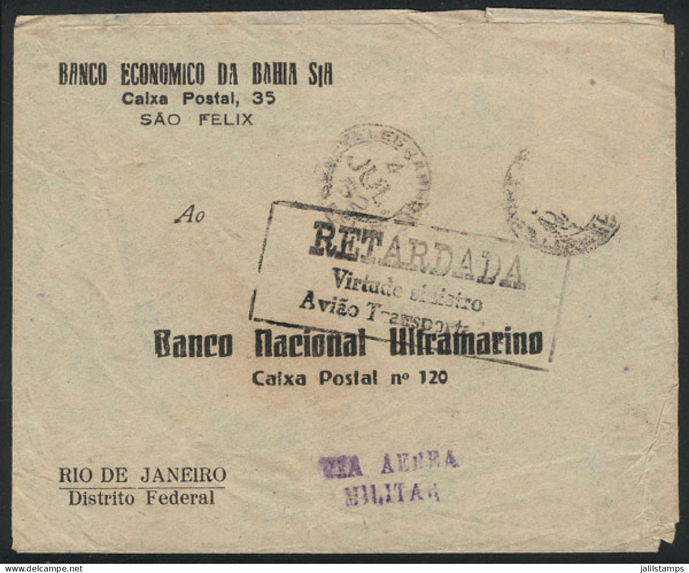 BRAZIL: MILITARY PLANE CRASH: Cover Sent From Bahia To Rio De Janeiro On 8/JUL/1952 Via "MILITARY AIRMAIL", With Rectang - Autres & Non Classés