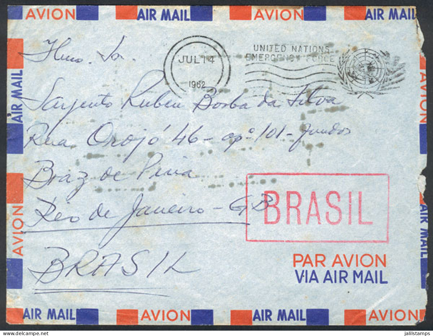BRAZIL: Airmail Cover Sent By A Soldier Of The UN Emergency Force In Lebanon On 14/JUL/1962 To This Family In Rio De Jan - Otros & Sin Clasificación