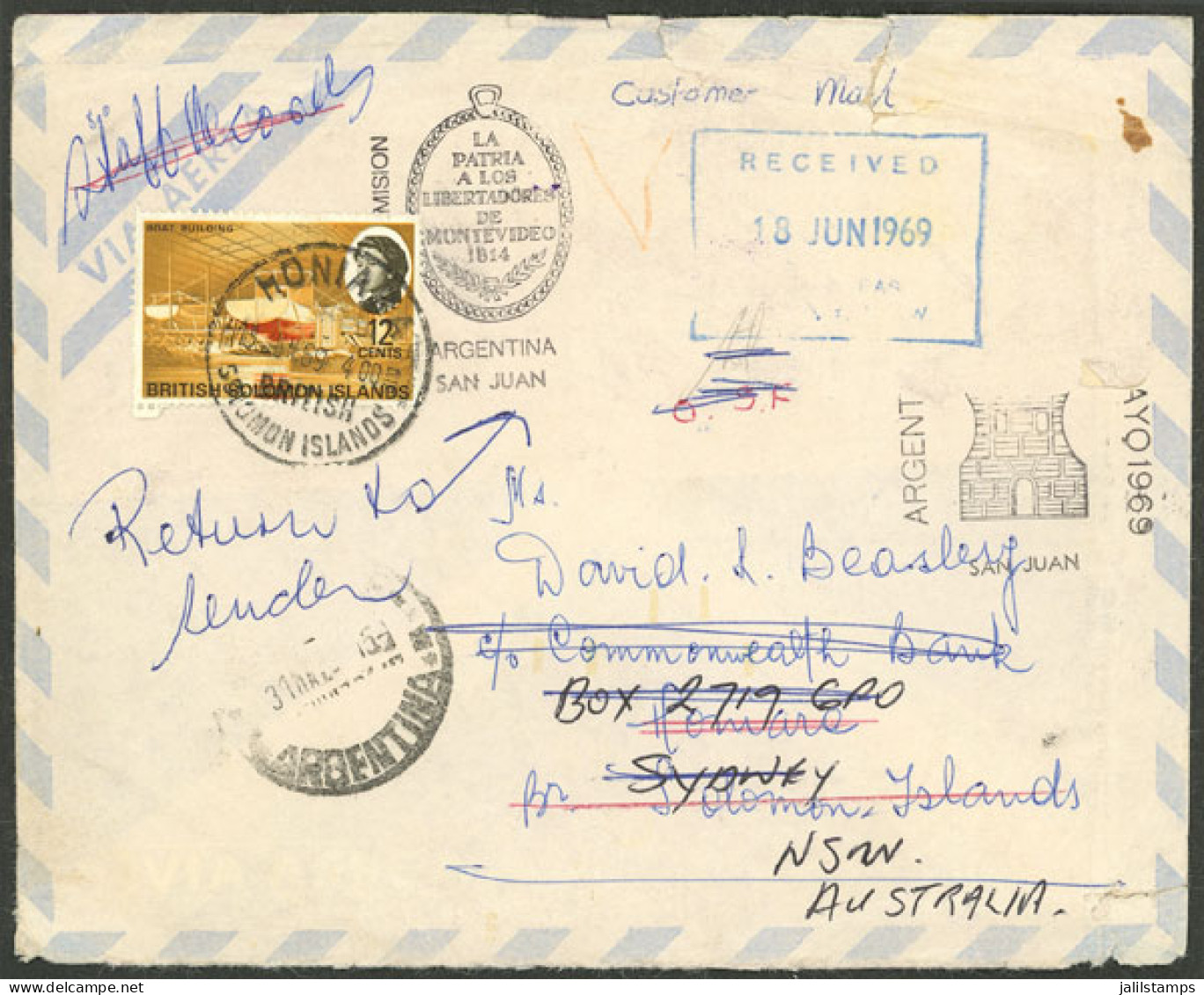 BRITISH SOLOMON ISLANDS: RARE ROUTE: Airmail Cover Originally Sent From San Juan (Argentina) To Honiara On 31/MAY/1969,  - Isole Salomone (...-1978)