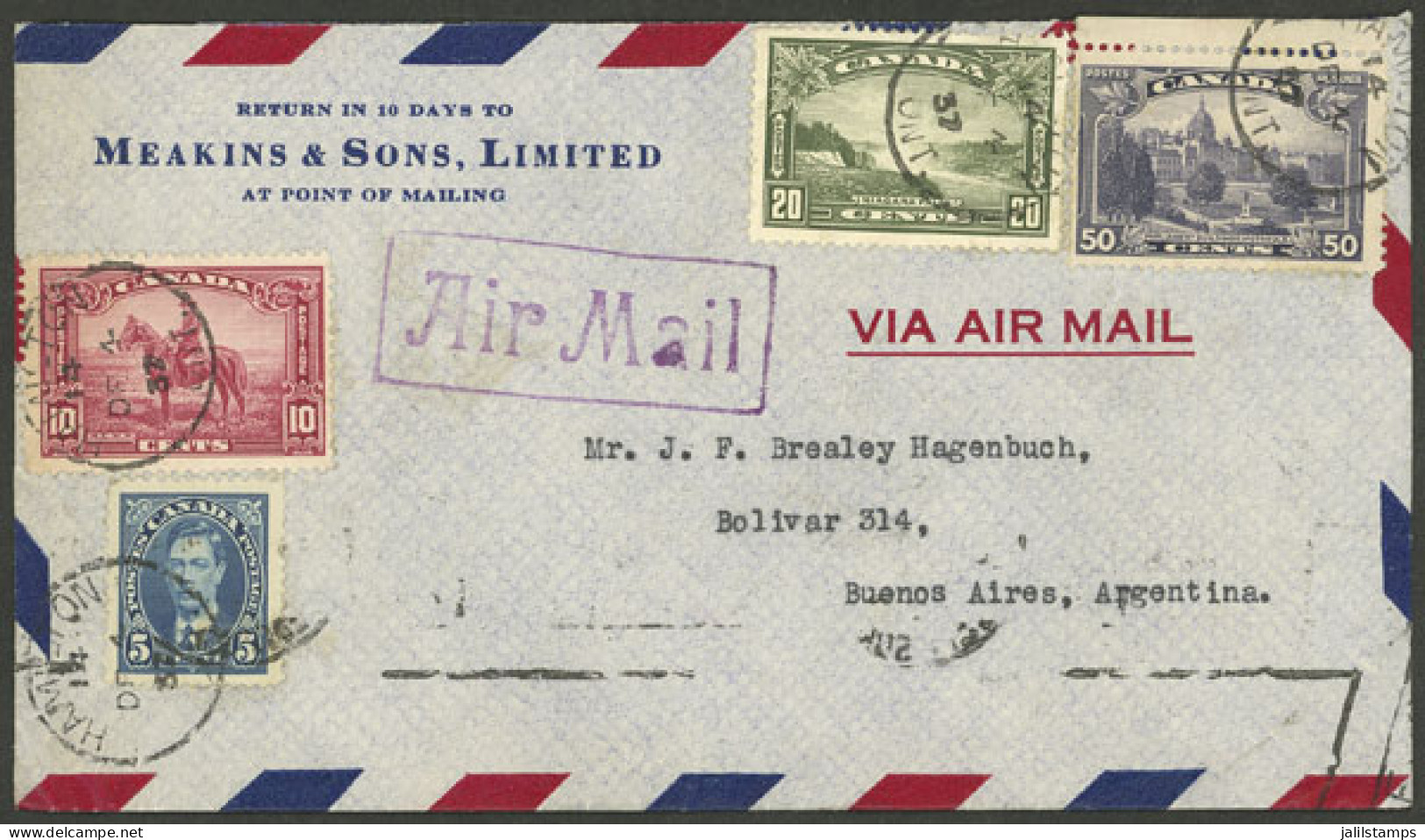 CANADA: 14/DE/1937 Hamilton - Argentina, Airmail Cover Franked With 85c., And Buenos Airrival Backstamp 10/DE, Very Fine - Otros & Sin Clasificación