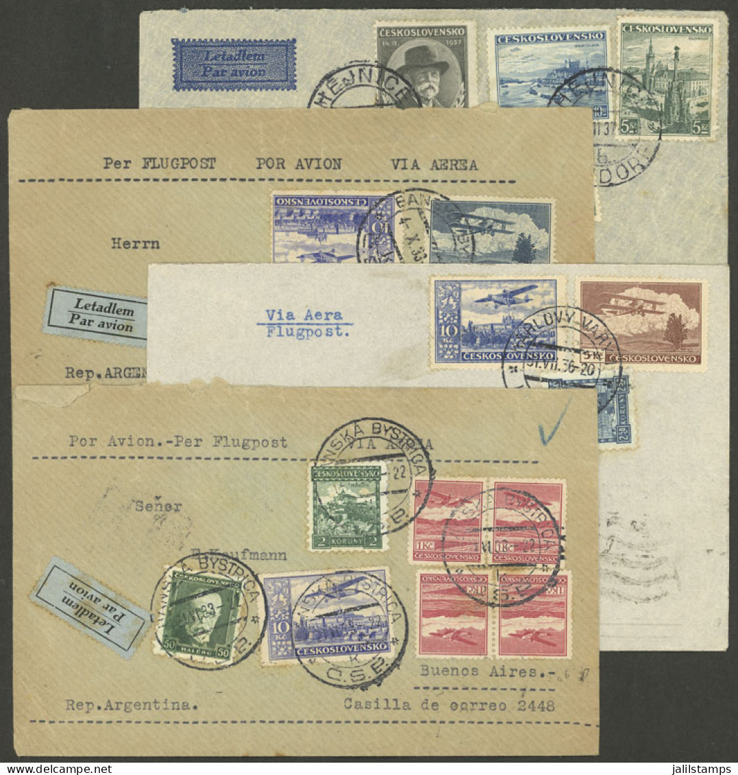 CZECHOSLOVAKIA: 4 Airmail Covers Sent To Argentina Between 1933 And 1937 By Air France, With Attractive Postages, Very F - Altri & Non Classificati