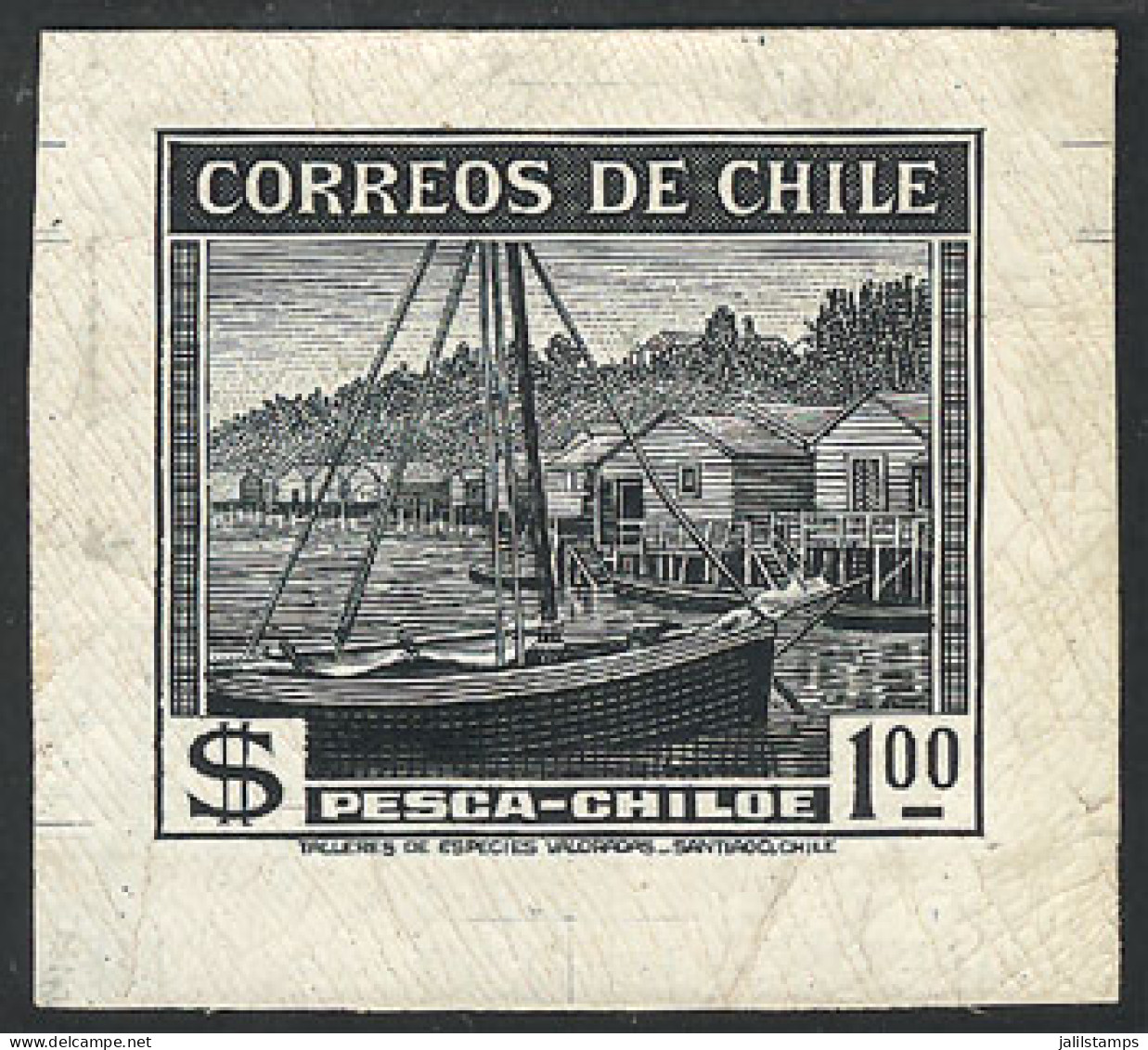 CHILE: Yvert 174, 1938/50 1P. Fishing, Chiloé (fishing Boat, Palafito - Stilt Houses), DIE PROOF In Black, VF Quality, R - Cile