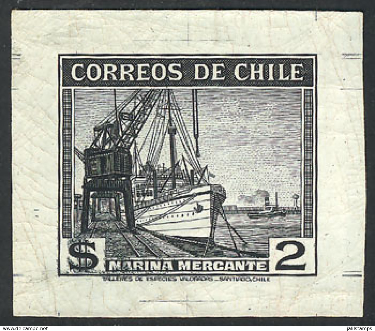 CHILE: Yvert 176, 1938/50 2P. Merchant Navy (ships), DIE PROOF In Black, VF Quality, Rare! - Chile