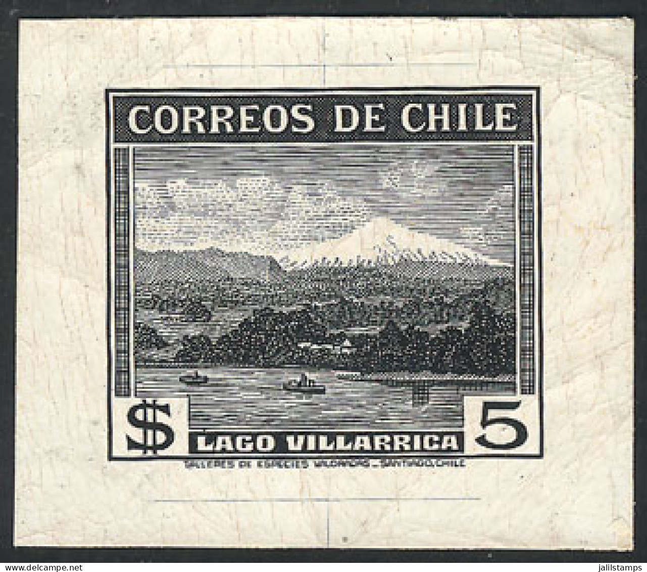 CHILE: Yvert 177, 1938/50 5P. Villarrica Lake (ship, Volcano), DIE PROOF In Black, VF Quality, Rare! - Chile