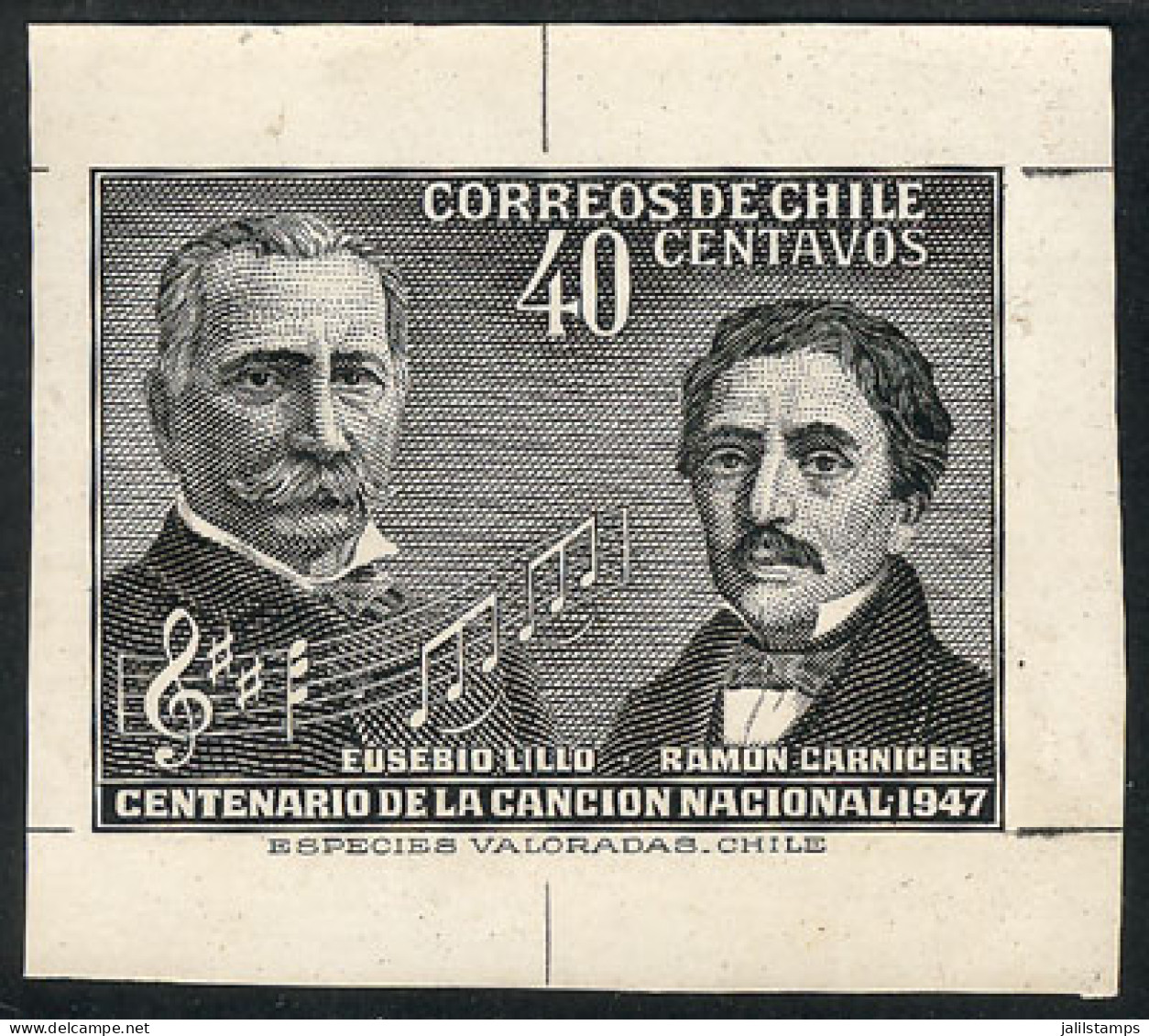 CHILE: Yvert 218, 1947 National Anthem, DIE PROOF In Black Printed On Thick Paper With Glazed Front, VF Quality, Rare! - Chile