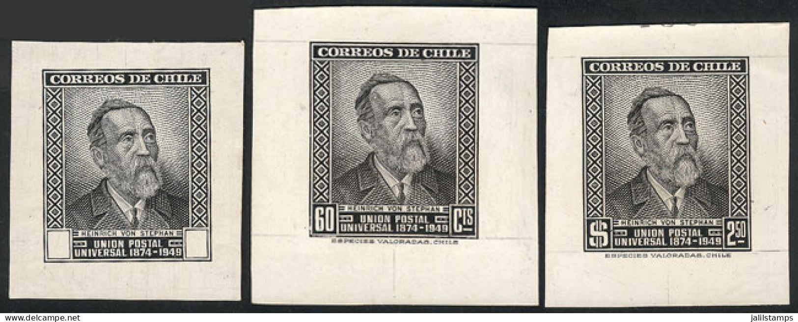 CHILE: Yvert 227/8, 1950 75th UPU Anniversary, DIE PROOFS: Without Face Value In Black, And Of Both Values In Black-ches - Cile