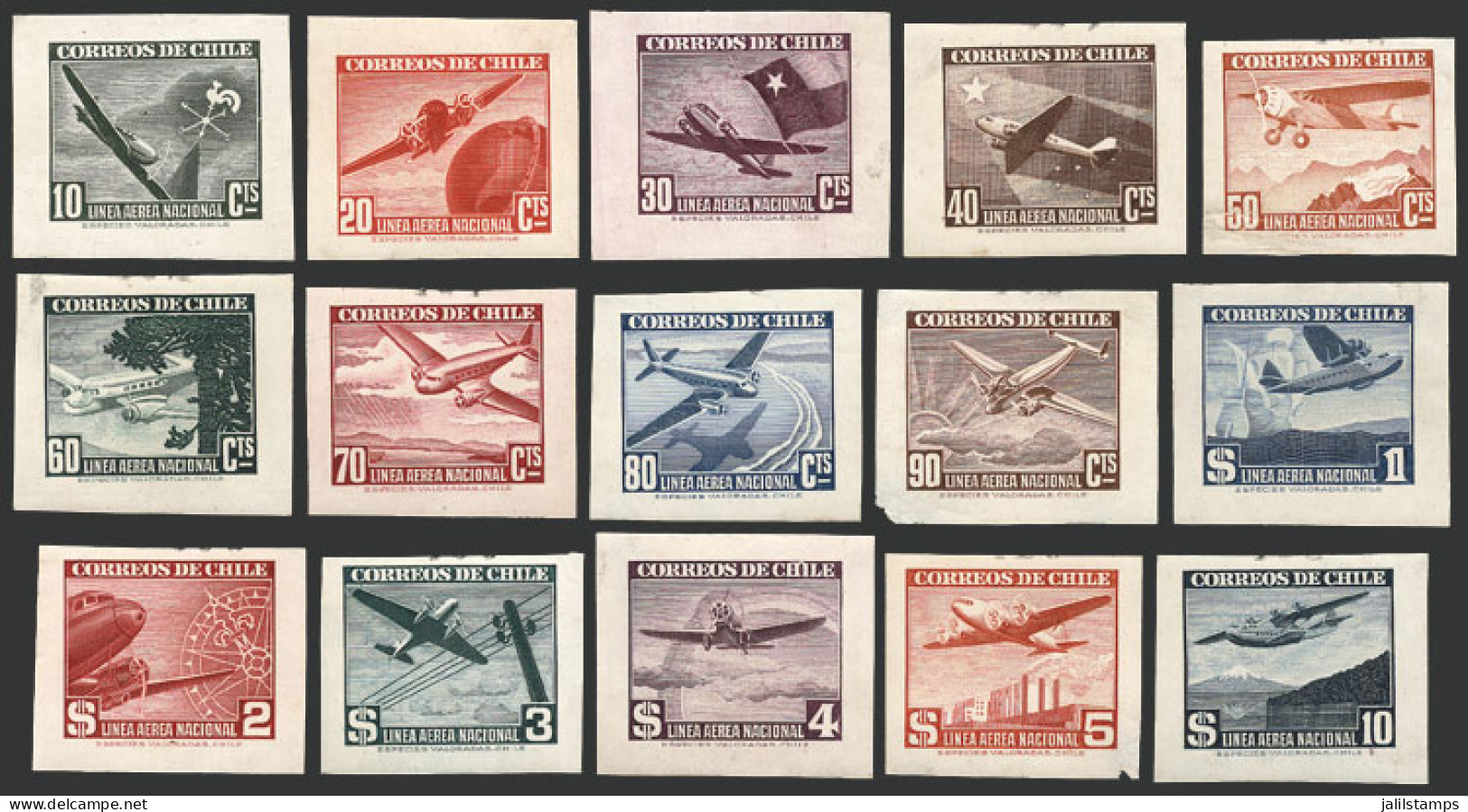 CHILE: Yvert 53/67, 1941/2 Airplanes, The Set Of 15 DIE ESSAYS Of UNADOPTED DESIGNS, All Different From The Issued Desig - Chili