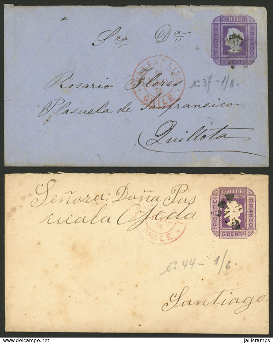 CHILE: 10/JA/1874 Valparaíso To Quillota, 5c. Stationery Envelope Printed On Laid Bluish Paper, With Mute Cancel And Red - Cile