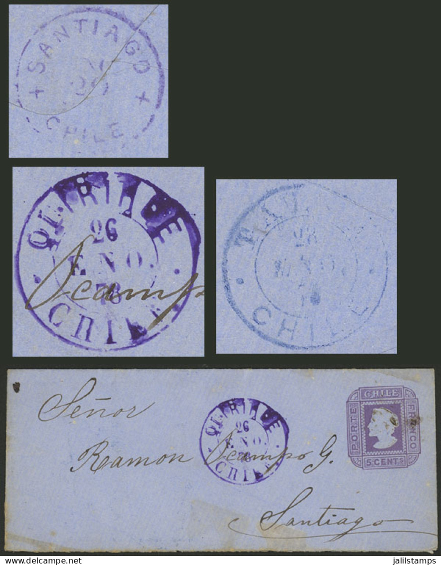 CHILE: 26/JA/1878 QUIRIHUÉ To Santiago, 5c. Stationery Envelope With Attractive Violet Mark, And Transit And Arrival Bac - Chile