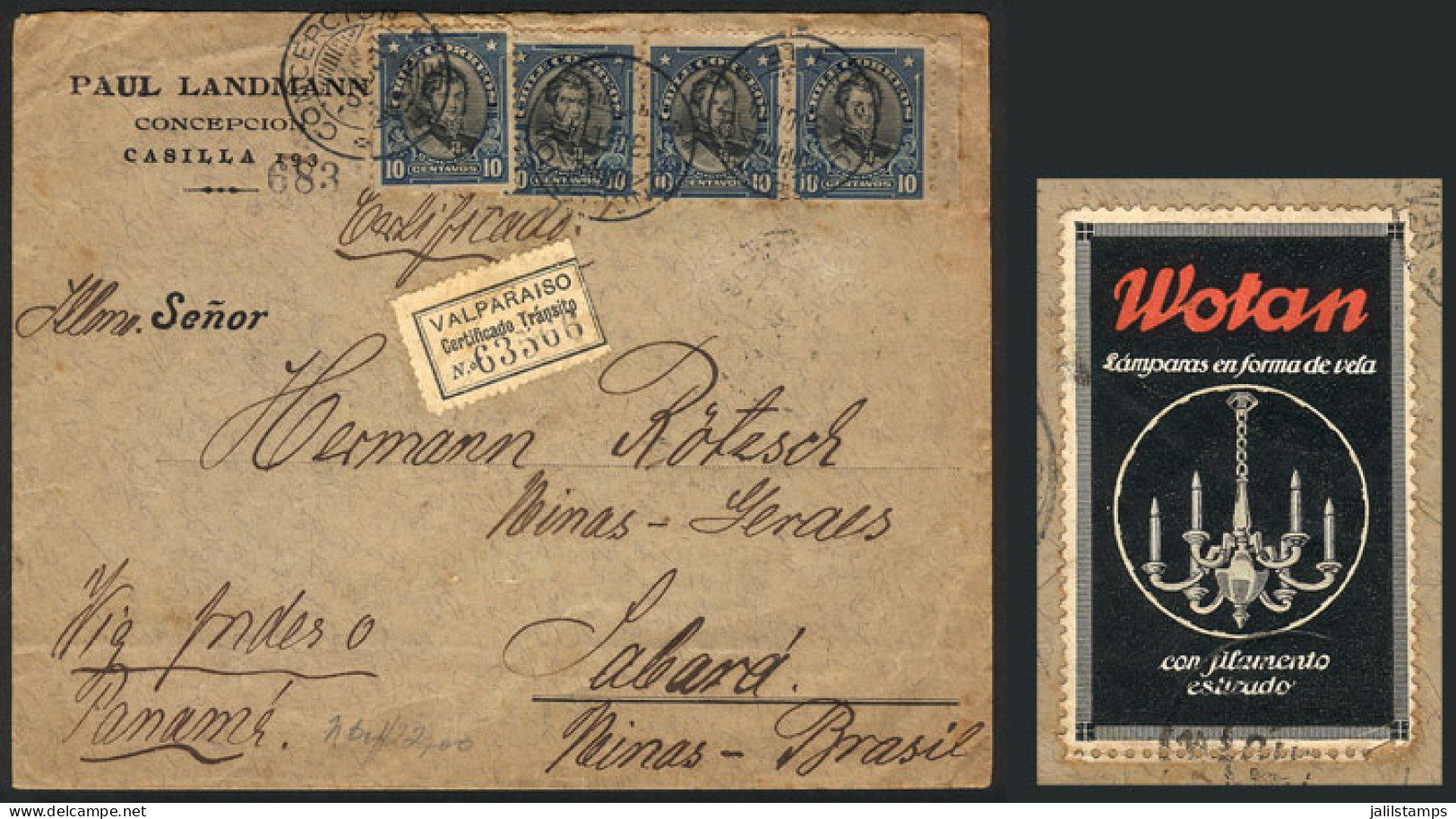 CHILE: Registered Cover Sent From Concepción To Brazil On 3/OC/1914 Franked With 40c., On Reverse It Bears A Nice Advert - Chile