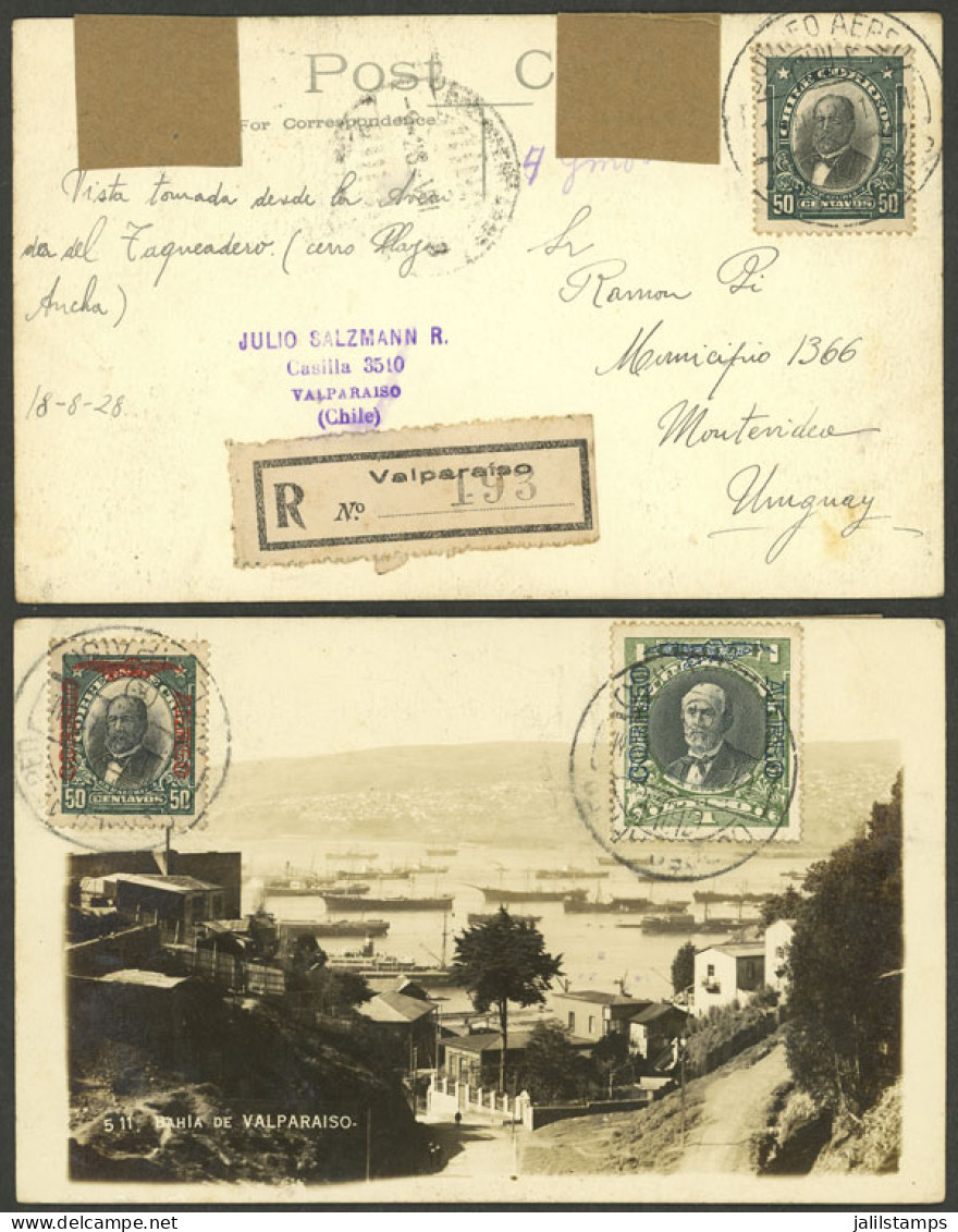 CHILE: Postcard Sent By Registered Airmail From Valaparaíso To Uruguay On 18/AU/1928, Franked With 50c., VF Quality! - Chile