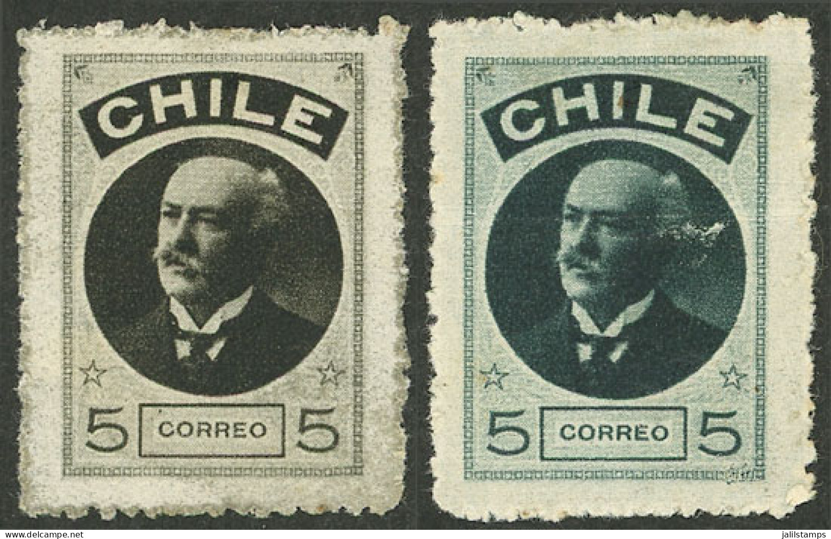 CHILE: 2 Attractive Cinderellas "5 CORREO 5", One Of Very Fine Quality, The Other One With Crease, Interesting!" - Vignetten (Erinnophilie)